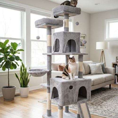 arbre a chats rampe integree gris clair chats salon