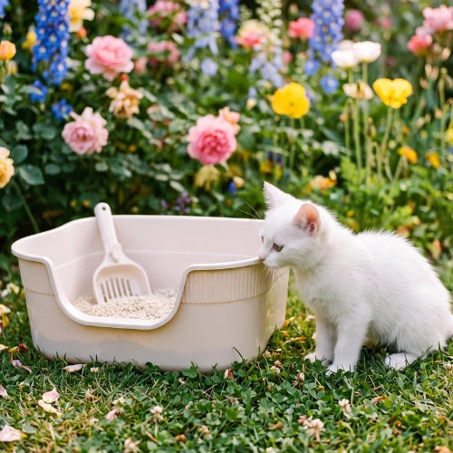 bac à litière chat anti eclaboussures chaton debout jardin