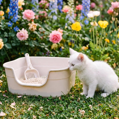 bac à litière chat anti eclaboussures chaton debout jardin
