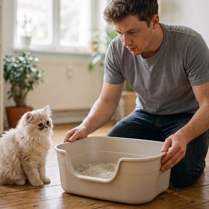 bac à litière chat anti eclaboussures maitre chaton assis