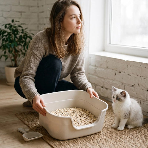 bac à litière chat anti eclaboussures maitresse chaton assis