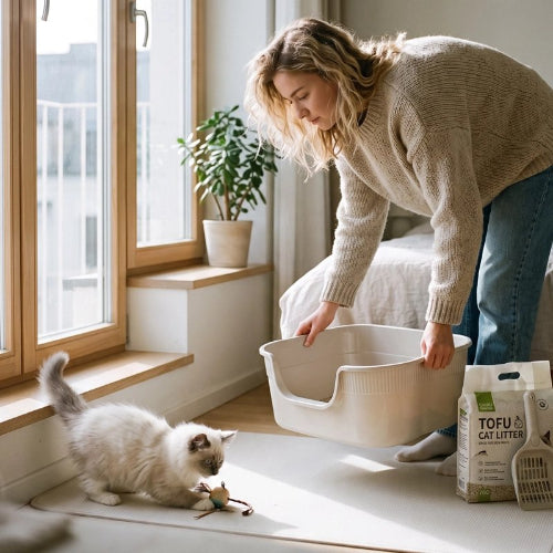 bac à litière chat anti eclaboussures maitresse chaton jouant