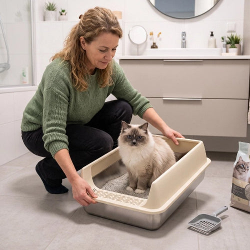 bac à litière chat beige maitresse chat debout