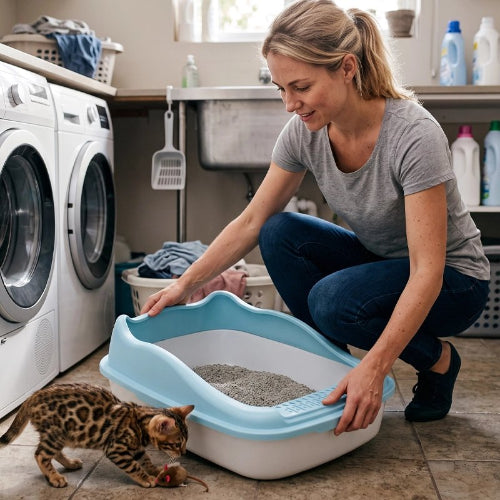 bac à litière chat bleu anti salissure chaton maitresse