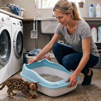 bac à litière chat bleu anti salissure chaton maitresse