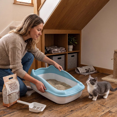 bac à litière chat bleu anti salissure maitresse chaton