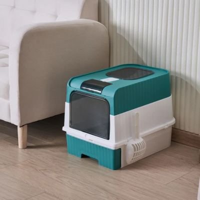 bac à litière chat colore turquoise dans salon