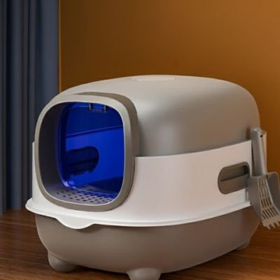 bac à litière chat dome gris blanc