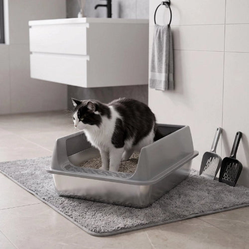 bac à litière chat gris chat debout salle bain