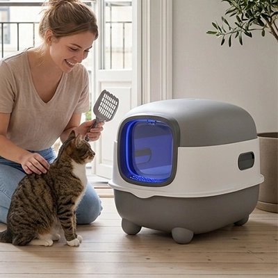 bac à litière chat gris chat maitresse souriante salon