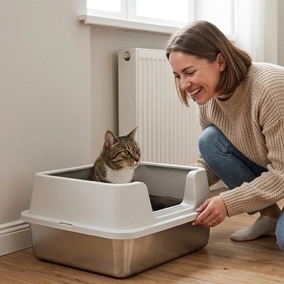 bac à litière chat semi ouverte beige maitresse souriante 