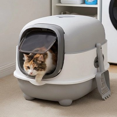 bac à litière chat xxl gris avec chat
