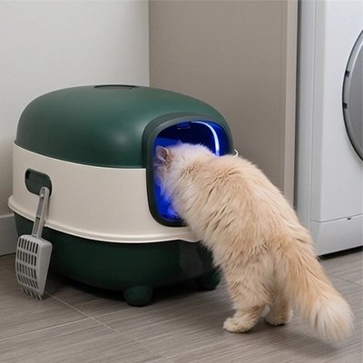 bac à litière chat xxl vert avec chat entrant