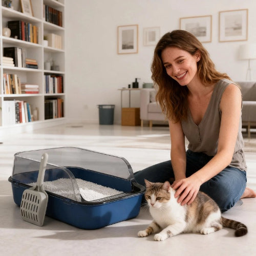bac pour litière chat bleu maitresse avec chat