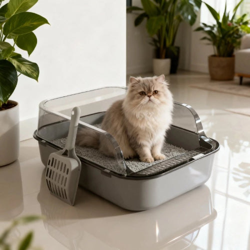 bac pour litière chat grise chat assis