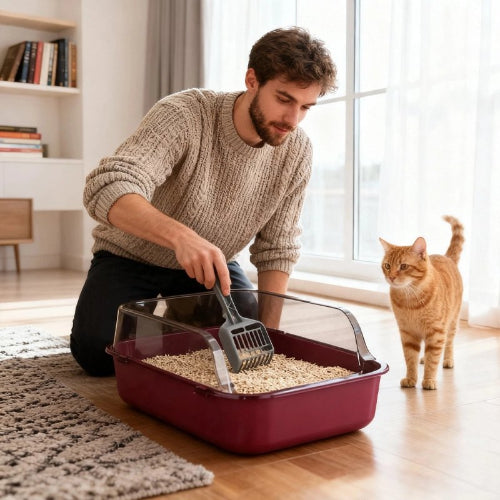 bac pour litière chat rose maitre avec chat