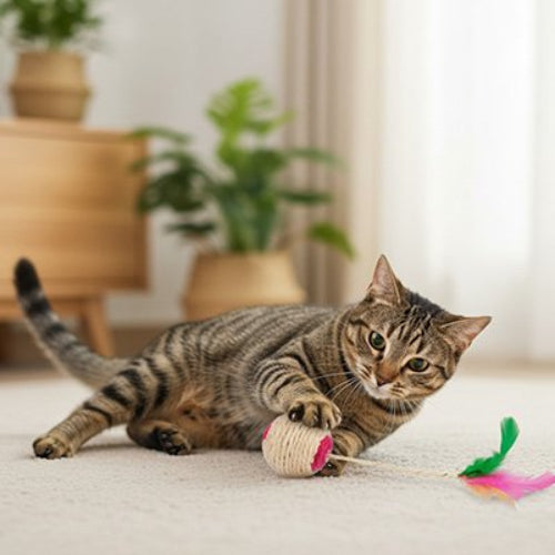 balle chat sisal plumes chat jouant