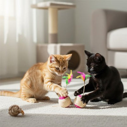 balle chat sisal plumes chats jouant