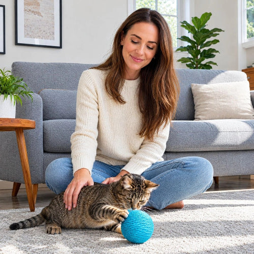 balles pour chat sisal bleu maitresse chat jouant