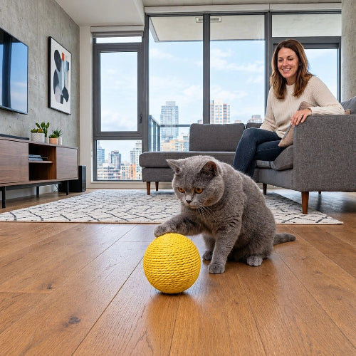 balles pour chat sisal jaune maitresse chat jouant