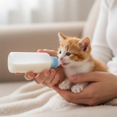 biberon chaton​ bleu tetine physiologique chaton buvant allonge