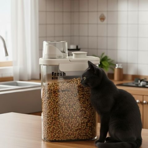 boite à croquettes pour chat couleur creme avec chat dans cuisine