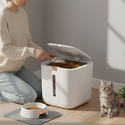 boite à croquettes pour chat cubique blanche ouverte avec maitresse et chaton