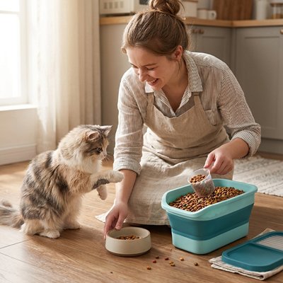 boite à croquettes pour chat retractable couleur bleu dans cuisine avec chat et maitresse