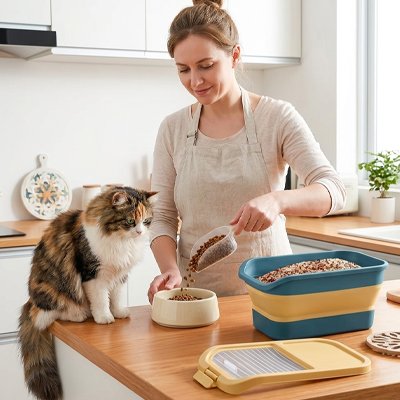 boite à croquettes pour chat retractable couleur bleu et jaune dans cuisine avec chat et maitresse