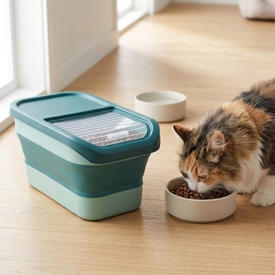 boite à croquettes pour chat retractable couleur bleu avec chat mangeant