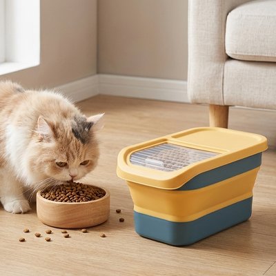 boite à croquettes pour chat retractable couleur jaune et bleu avec chat