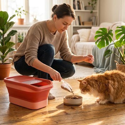 boite à croquettes pour chat retractable couleur rose avec chat et maitresse