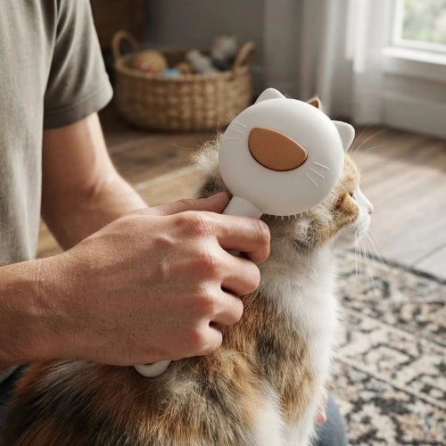 brosse à chat blanche avec chat