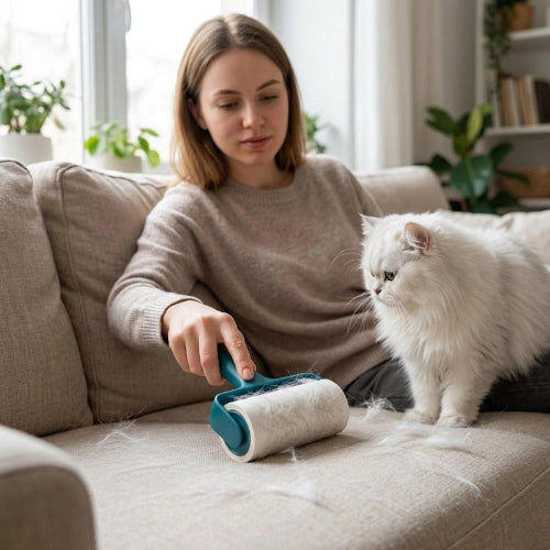 brosse anti poil adhesive bleu maitresse chat debout canape