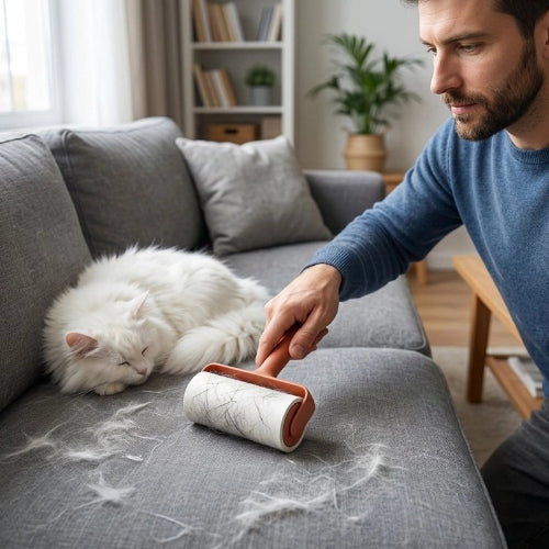 brosse anti poil adhesive orange maitre chat alllonge canape