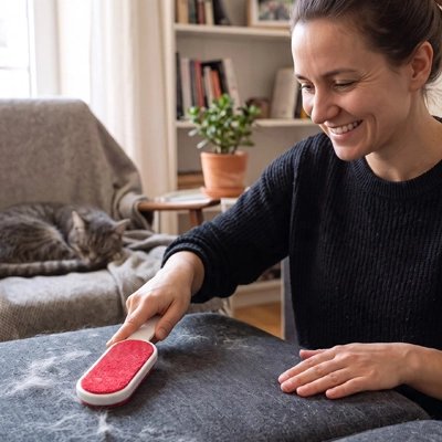 brosse anti poil double face maitresse souriante canape chat allonge