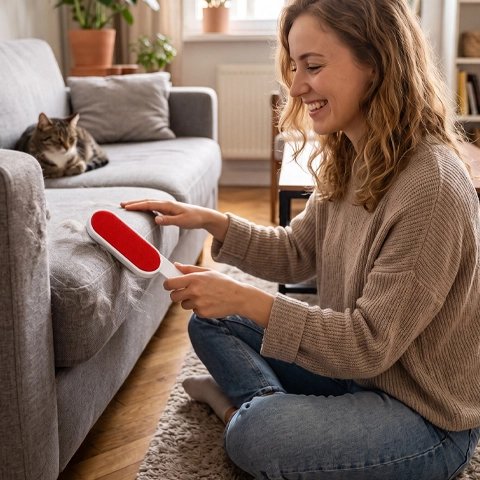 brosse anti poil double face maitresse souriante chat allonge canape