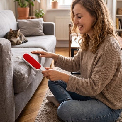 brosse anti poil double face maitresse souriante chat allonge canape