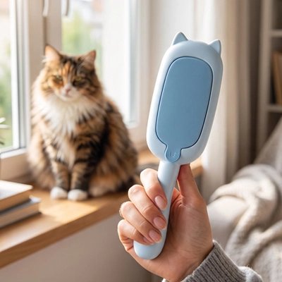 brosse anti poil electrostatique bleu chat debout