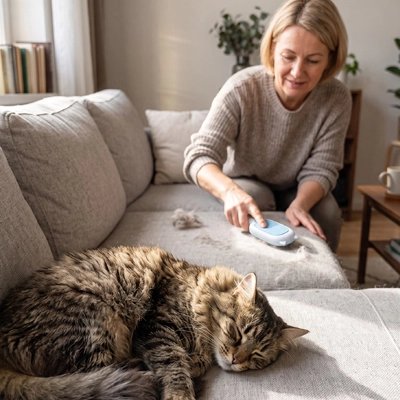 brosse anti poil electrostatique bleu maitresse chat allonge canape
