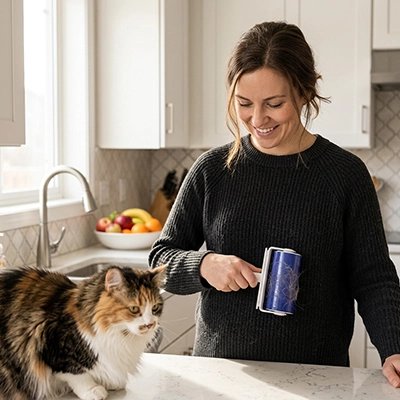 brosse anti poil maniable maitresse souriante chat cuisine