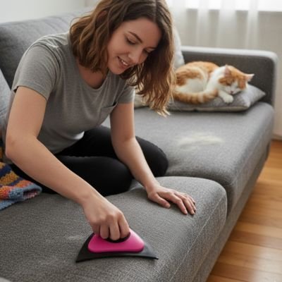 brosse anti poil triangulaire rose maitresse canape chat