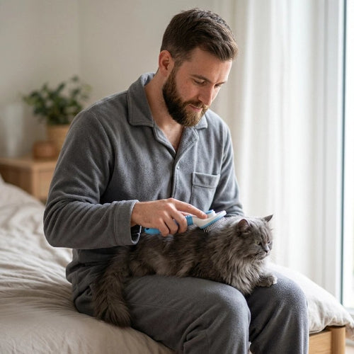 brosse chat ergonomique bleu maitre chat allonge