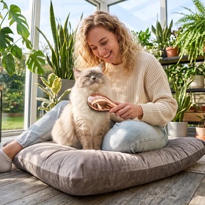 brosse chat finition brillante rose dore maitresse souriante