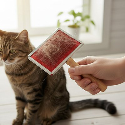 brosse chat poil long​ bois clair base rouge chat