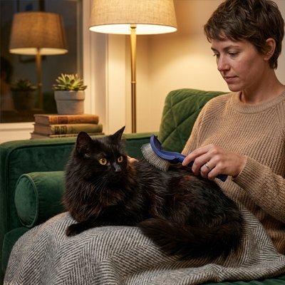 brosse chat poil long​ ergonomique bleu maitresse chat canape