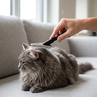 brosse chat poil long​ noir triangulaire chat allonge canape