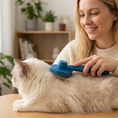 brosse pour chat arrondie bleue maitresse souriante