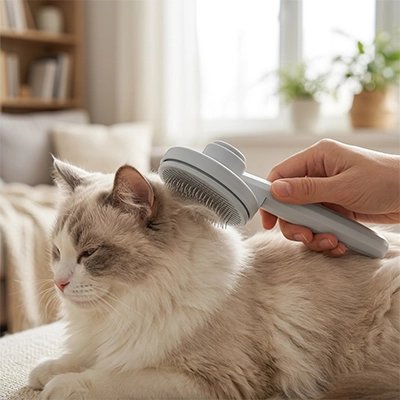 brosse pour chat arrondie grise chat allonge apaise