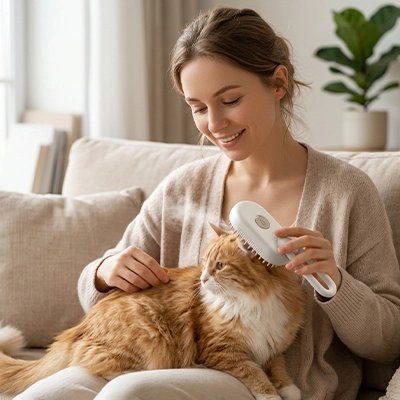 brosse pour chat blanche vapeur maitresse souriante canape
